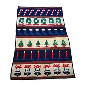 Vtg Christmas Blanket San Marcos Reversible Festive Holiday Cozy Cabin 55"x83"